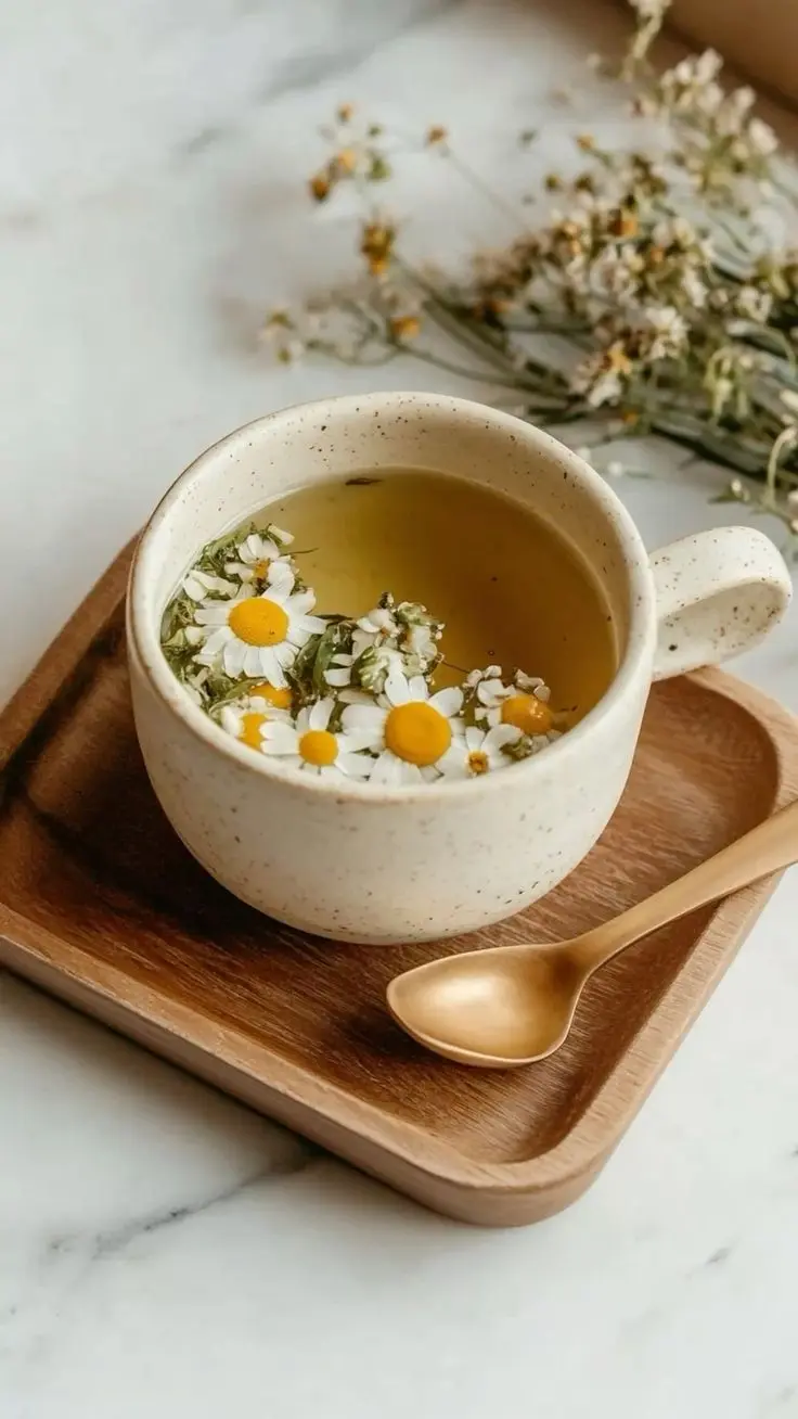 گل‌های بابونه تازه و خشک شده در یک ظرف شیشه‌ای