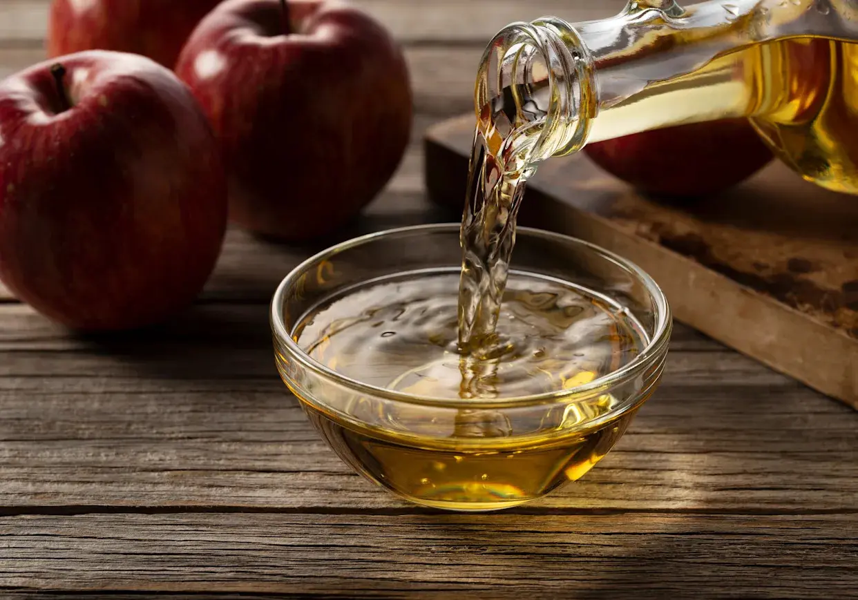 سرکه سیب در یک بطری شیشهای با پسزمینه طبیعی