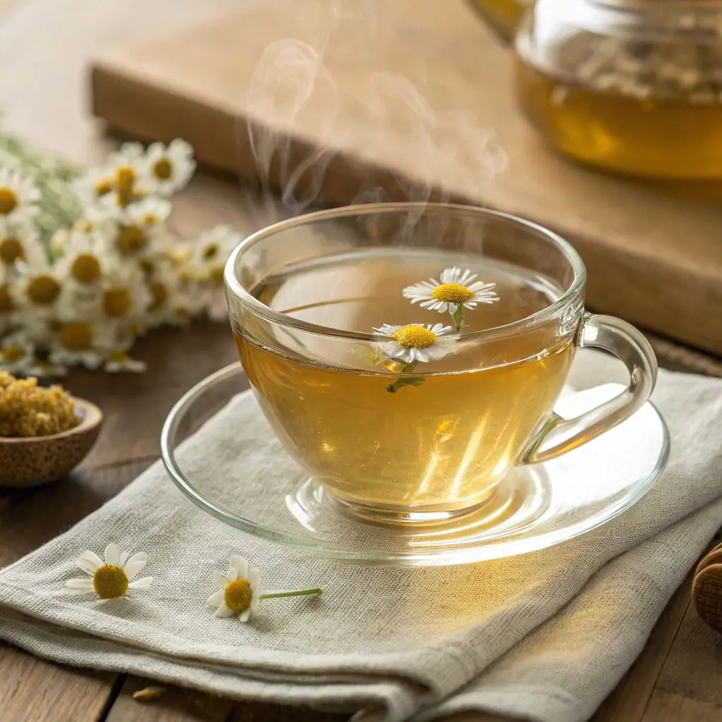 فنجان دمنوش بابونه با بخار و گل‌های تازه اطراف آن