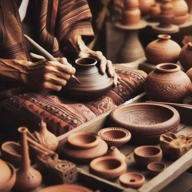 گلدان سفالی با طرح سنتی و رنگ‌های طبیعی