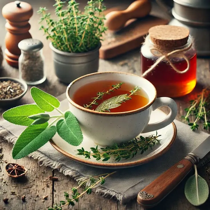 چای سبز در فنجان سفالی با برگ‌های تازه