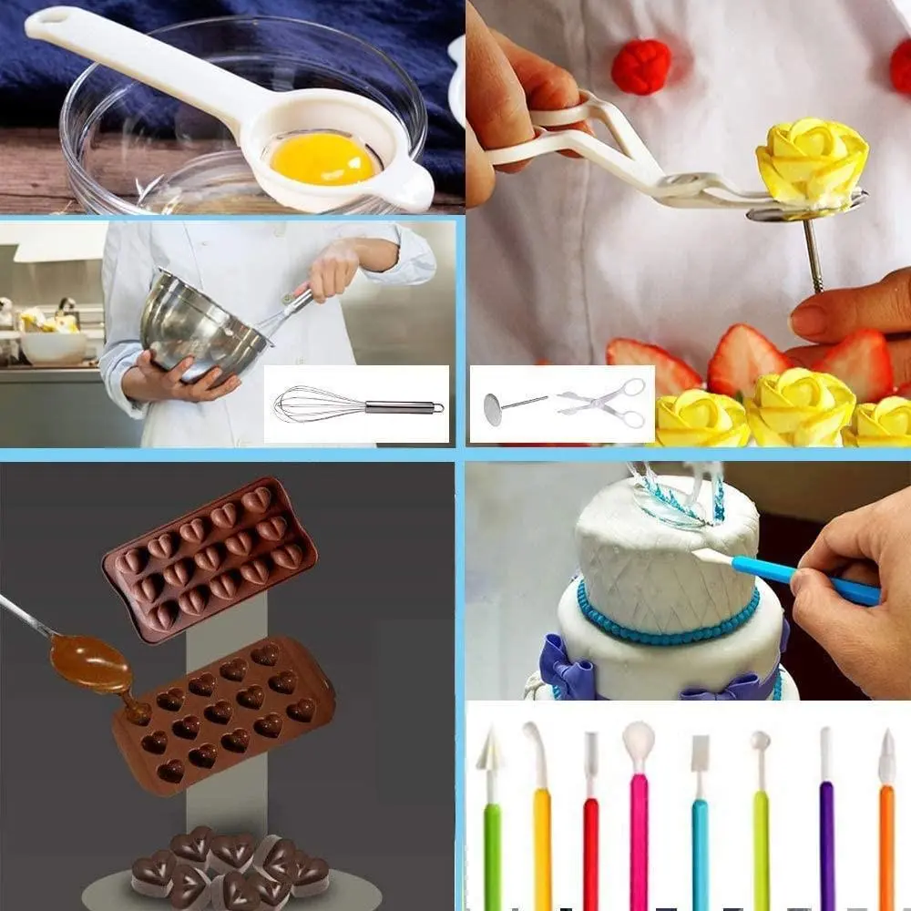 ابزارهای مختلف تزیین کیک شامل پایپینگ باگ، نوکهای مختلف و قالبهای سیلیکونی