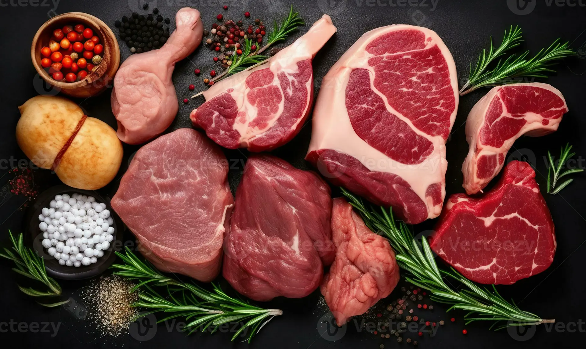 گوشت‌های مختلفی مانند گوساله، خوک، گوسفند و مرغ در پس‌زمینه تاریک