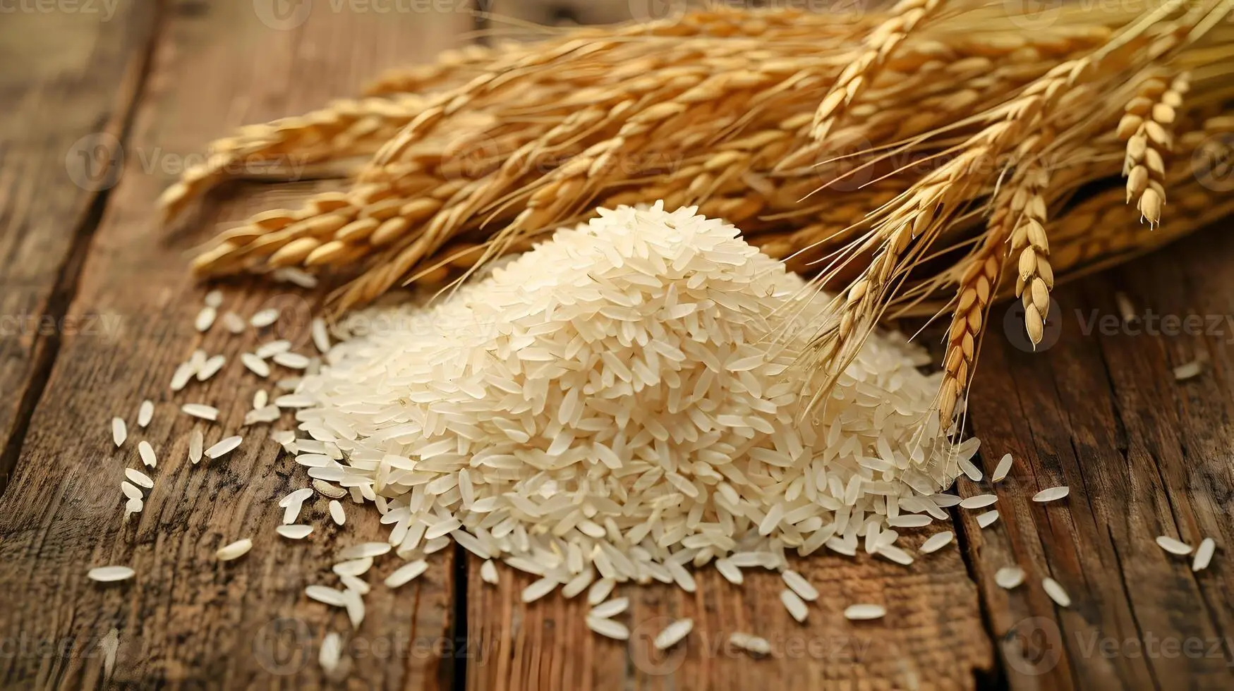 دانههای برنج سفید بلند در یک میز چوبی
