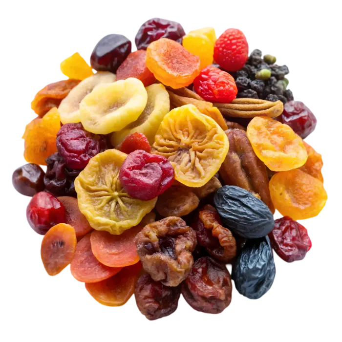 تنوع میوه‌های خشک در یک ظرف شیشه‌ای
