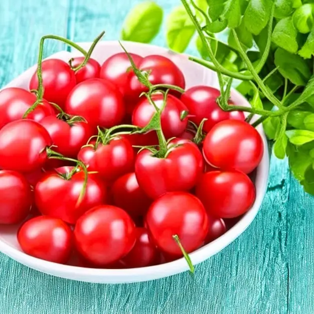 گوجه گیلاسی تازه و رسیده با رنگ قرمز یکنواخت و بافت سالم
