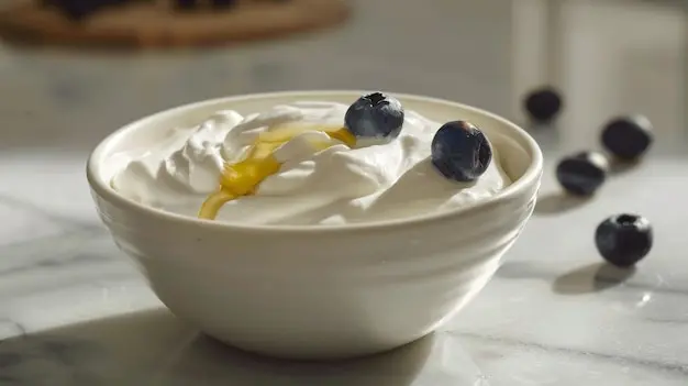 ماست یونانی با میوه‌های تازه و عسل در ظرف سفید