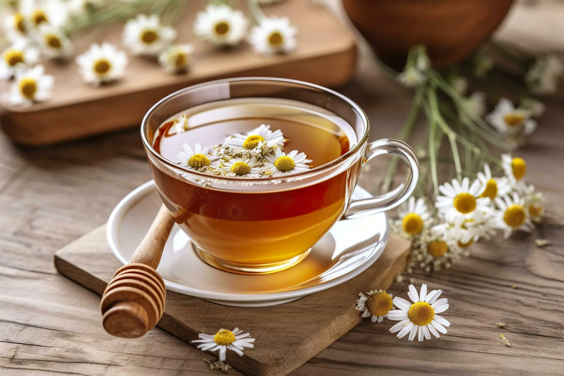 فنجان دمنوش گل گاوزبان داغ روی زمینه چوبی روشن