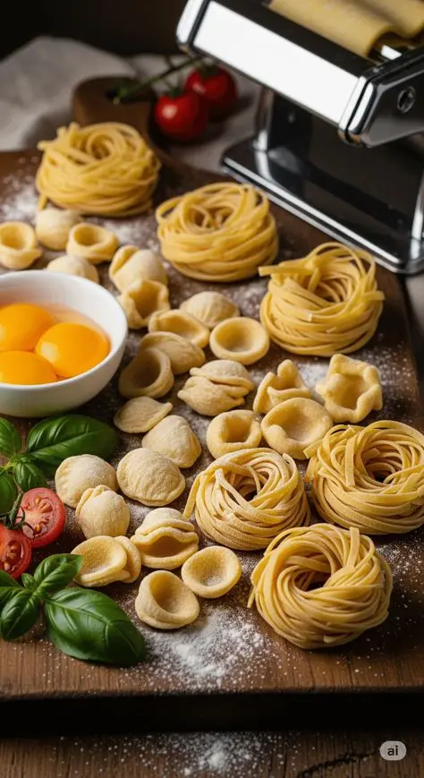 اسپاگتی‌های مختلف در یک سبد چوبی