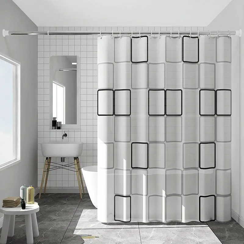 پرده حمام با طرح هندسی در حمام مدرن و روشن