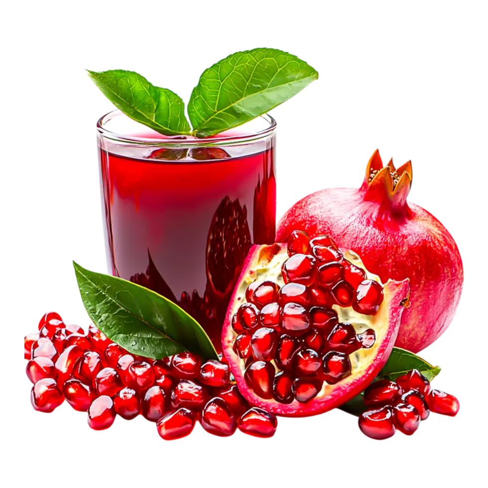 آب انار تازه با تکه‌های میوه و برگ‌های سبز در ظرف شیشه‌ای