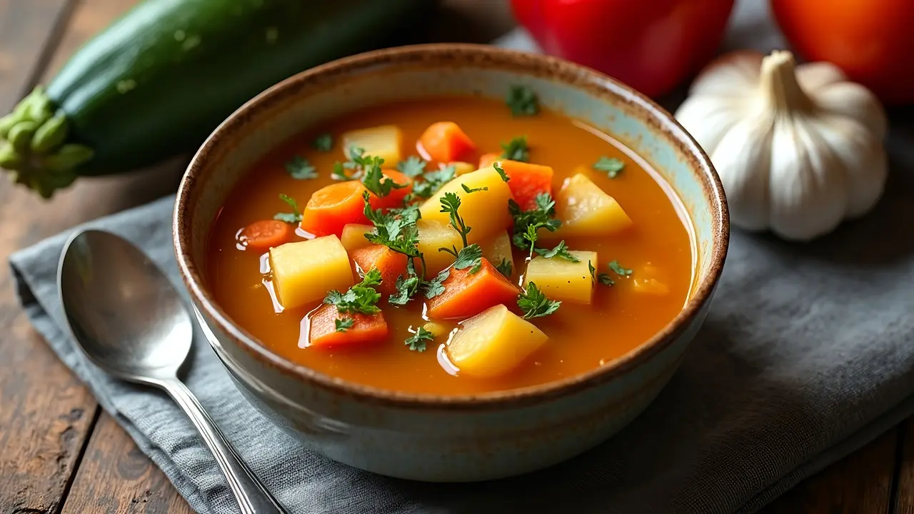 سبزی سوپ سنتی با گوشت در ظرف بزرگ و داغ