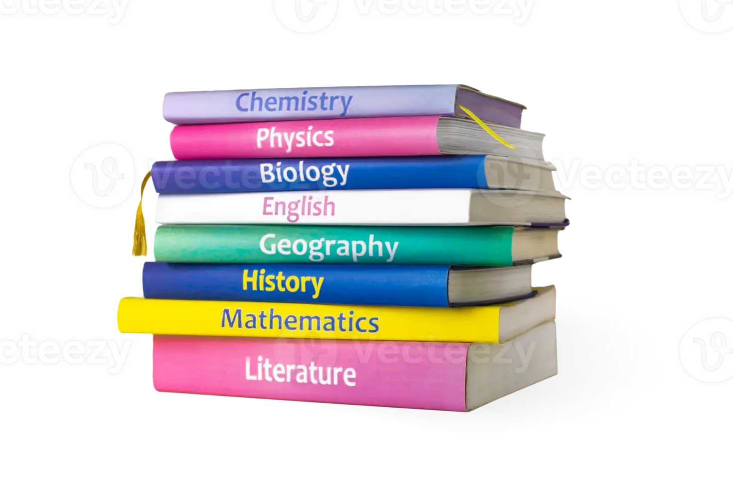 کتاب‌های کمک درسی رنگارنگ و مرتب شده بر اساس موضوعات پایه مانند ریاضی، ادبیات، فیزیک و شیمی
