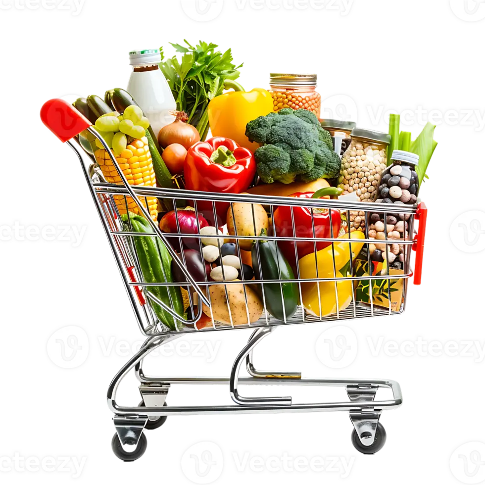 صندوق فروشگاهی پر از سبزیجات و کالای غذایی