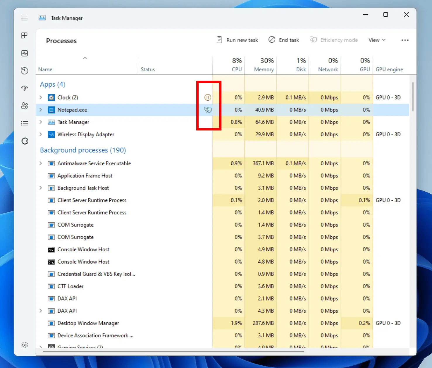 نمای تب عملکرد در مدیر وظایف با نمودارهای مصرف CPU و رم