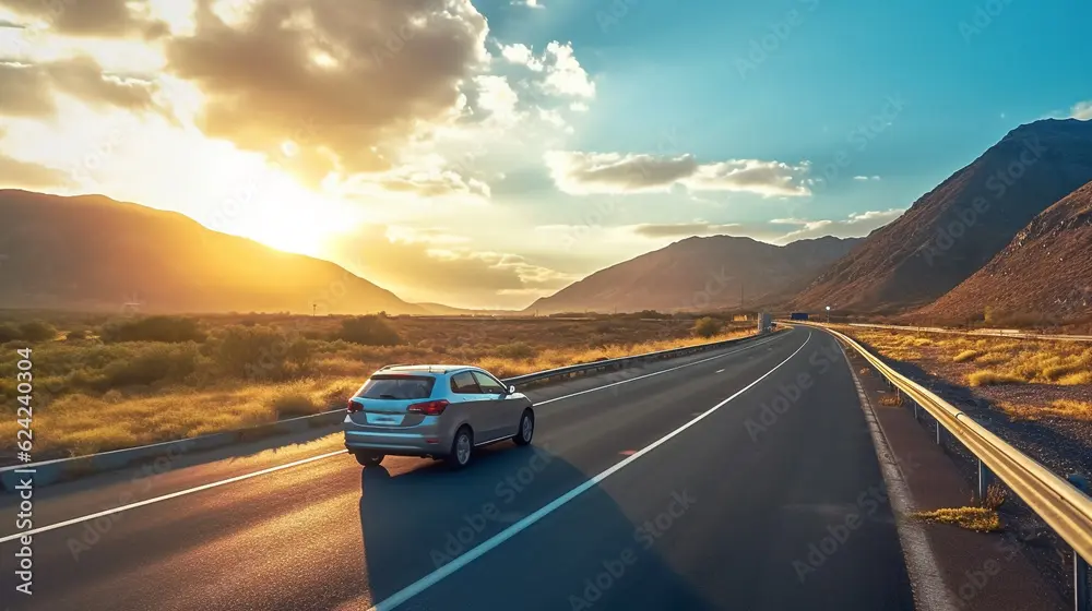 خودرویی در حال حرکت در جاده‌ای باز با آسمان صاف