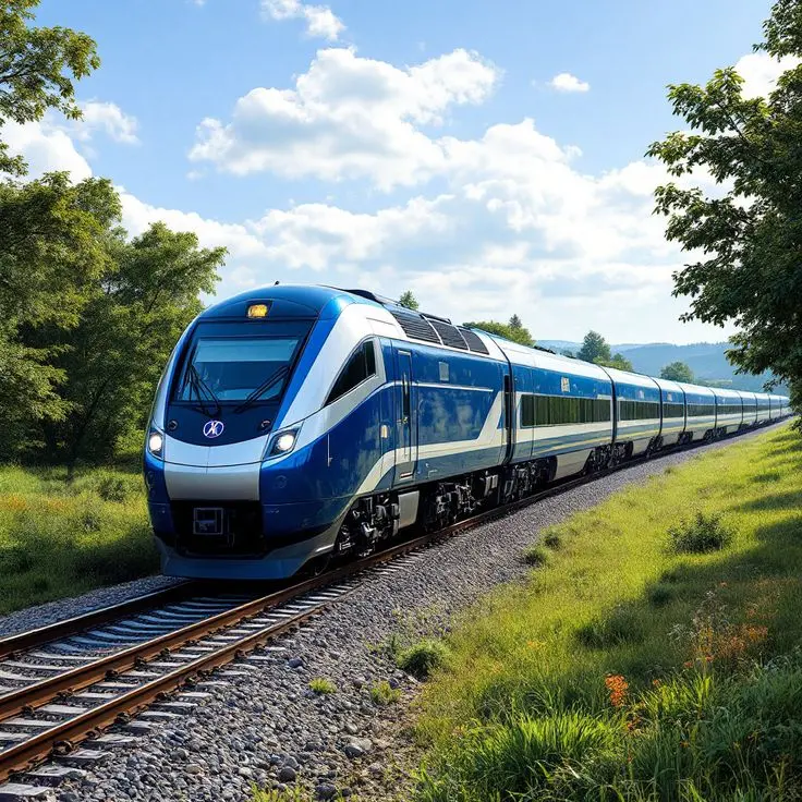 قطار سالنی در حال عبور از یک پل در یک مسیر شهری با معماری مدرن