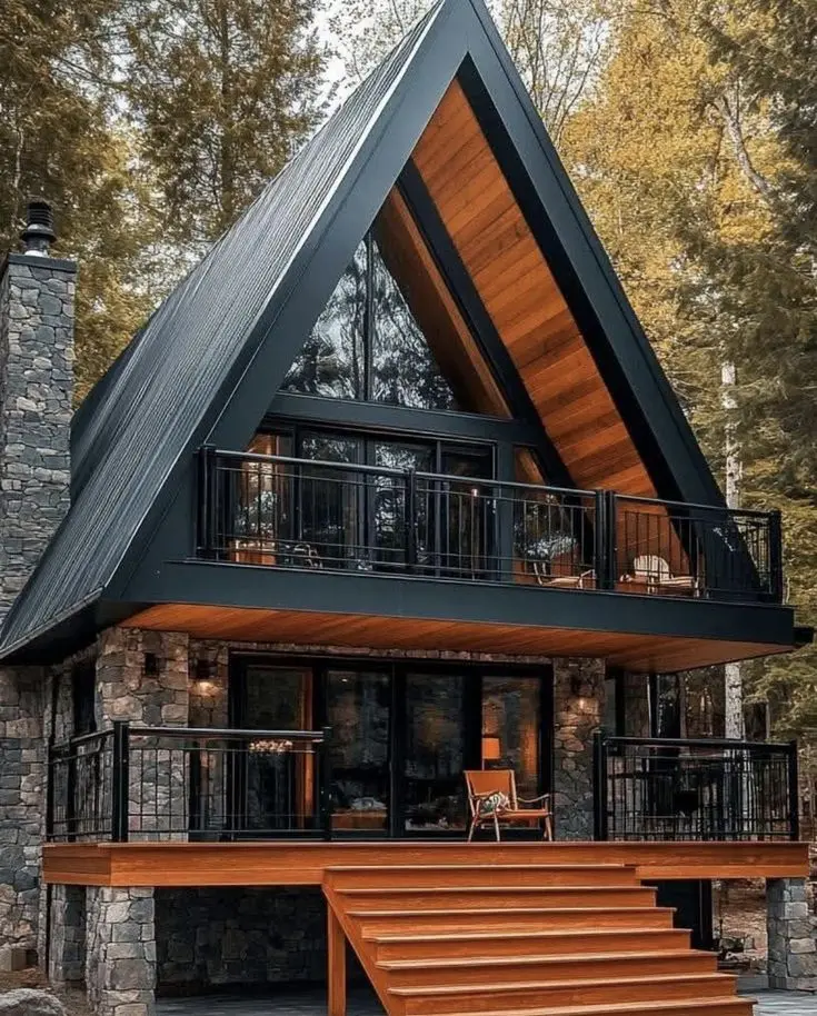 یک نمونه از ویلای سوئیسی با طراحی A-Frame و استفاده از مواد طبیعی