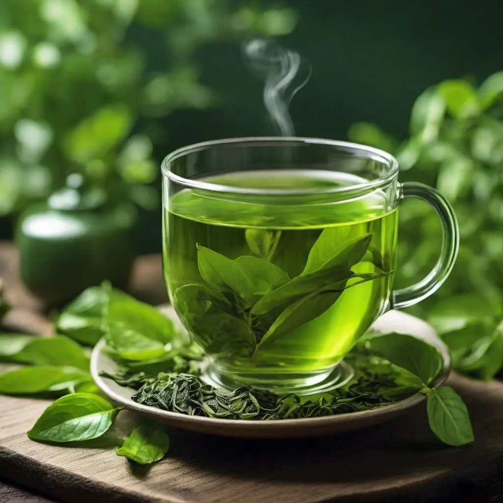 چای سبز در یک فنجان سفالی با برگهای تازه در اطراف