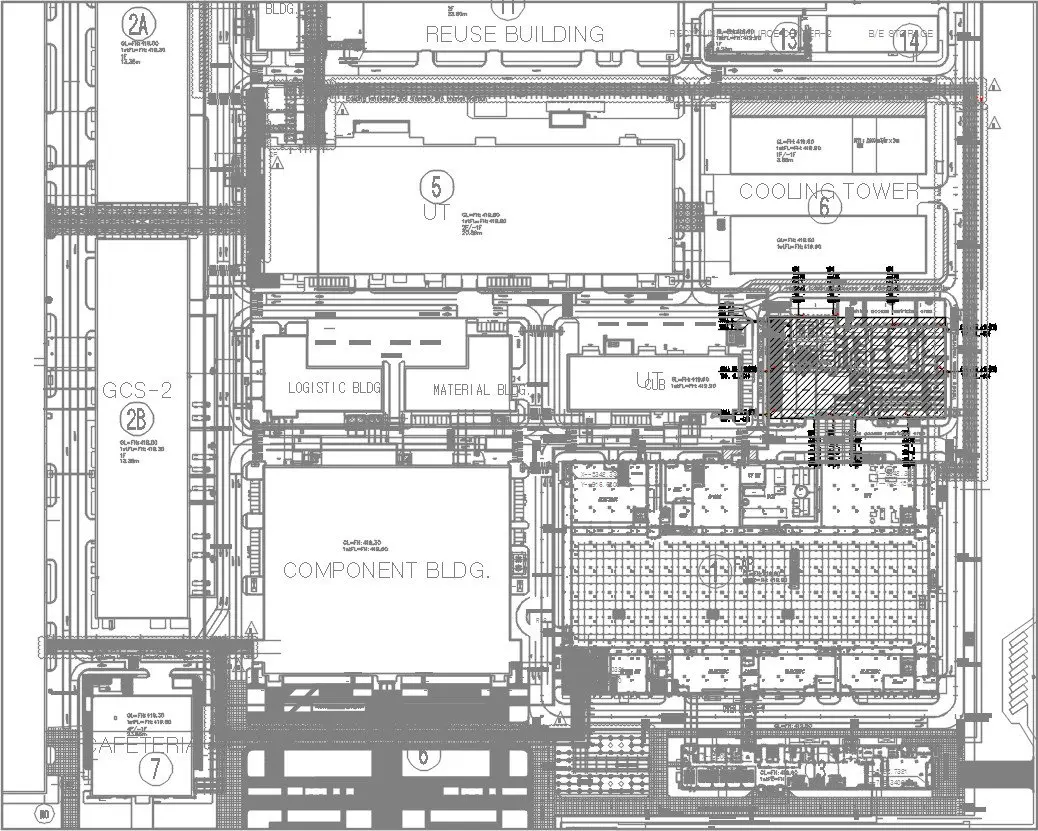 نمونه نقشه دو بعدی تأسیسات مکانیکی یک کارخانه صنعتی با استفاده از نرم‌افزار AutoCAD