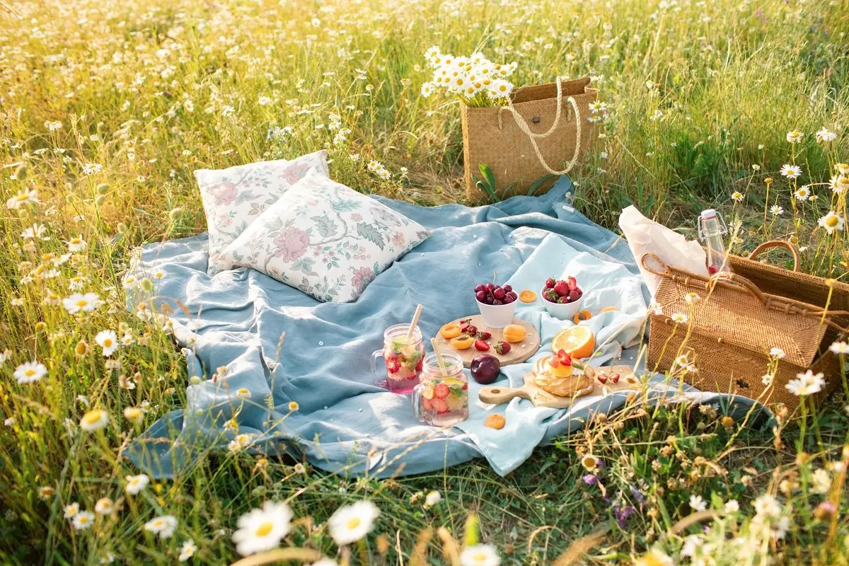 چراغ دستی و سبد پیک‌نیک در شب