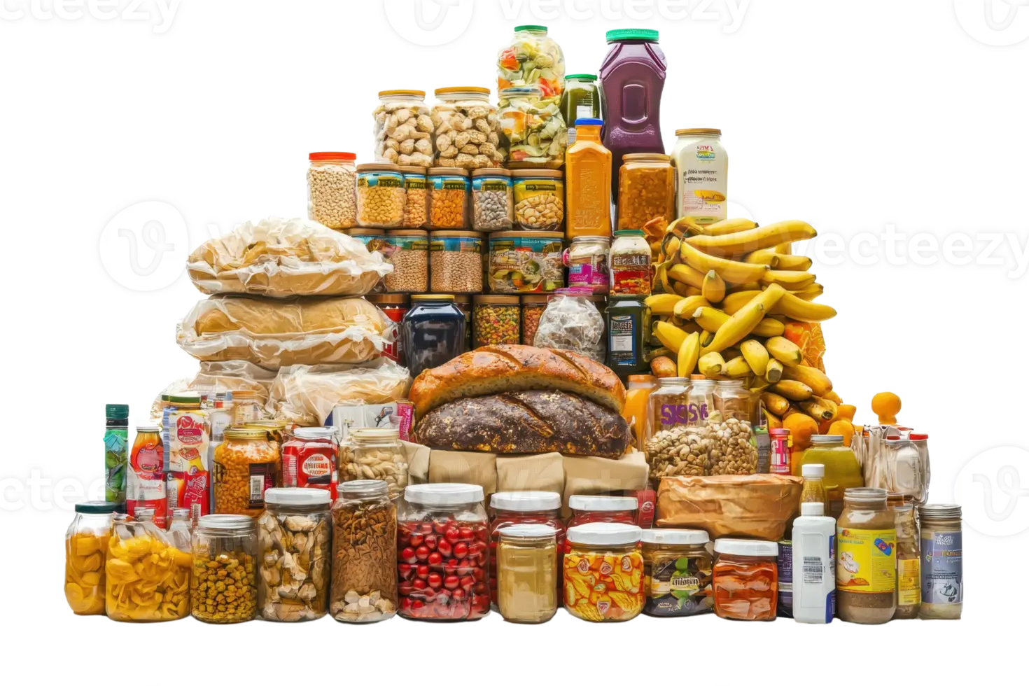 مجموعهای از مواد غذایی مختلف شامل میوه، نان، غلات و جارهای مختلف برای نمایش