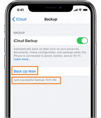 پنل تنظیمات بکاپ iCloud در آیفون