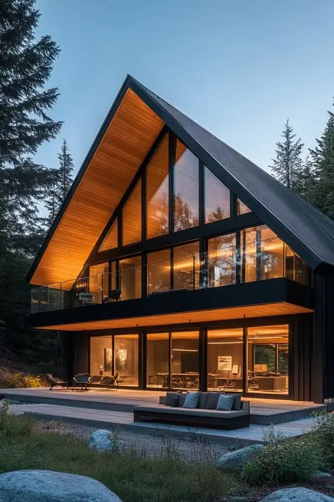 یک نمونه از طراحی A-Frame با دیوارهای شیب‌دار و پنجره‌های بزرگ