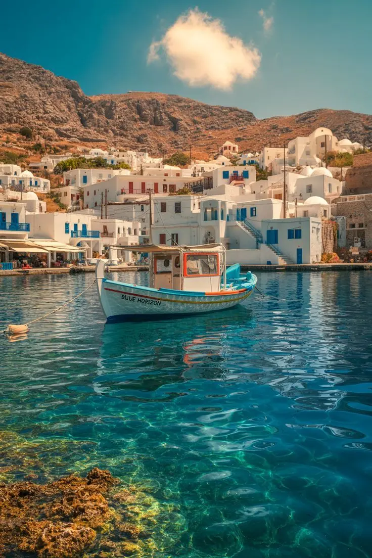 منظره جزیره سانتورینی در یونان با آسمان صورتی و خانههای سفید