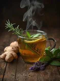چای گیاهی در فنجان شیشهای با برگهای تازه