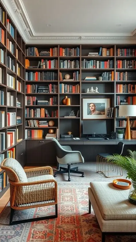 کارکنان در حال استفاده از کتابخانه اداری ترکیبی با کتاب‌های فیزیکی و دستگاه‌های دیجیتال