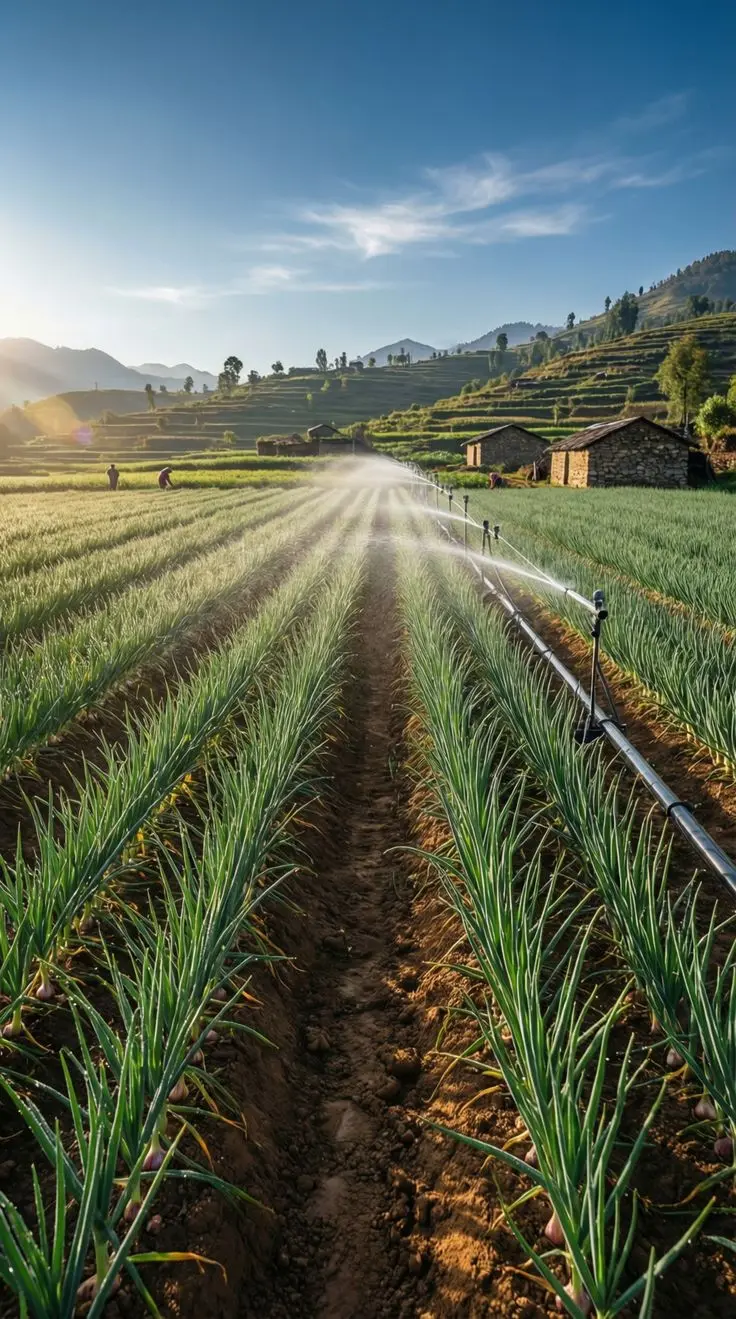 مزرعهای با سیستم آبیاری مدرن و محصولات کشاورزی