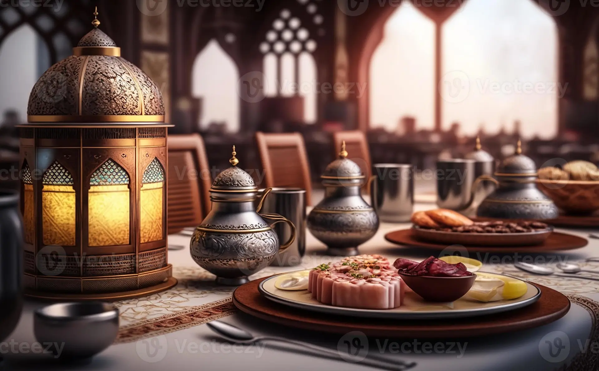 سفره افطار آراسته با دکوراسیون خاص و غذاهای متنوع