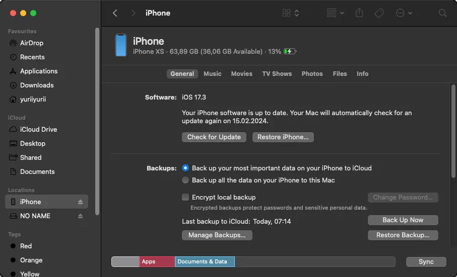 پنل بکاپ‌گیری در برنامه Finder برای مک