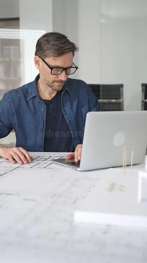 مهندس معمار در حال بررسی مدل سه‌بعدی ساختمان با تیم فنی