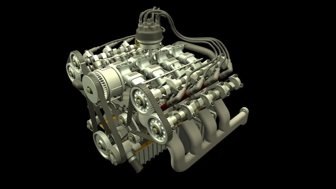 موتور V8 در یک موتورخانه با سیلندرهای مشخص و سیستم خنککننده