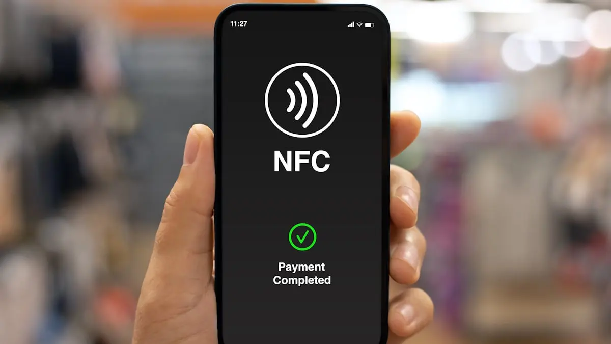 نمای نزدیک یک تراشه NFC در یک کارت بانکی یا دستگاه موبایل