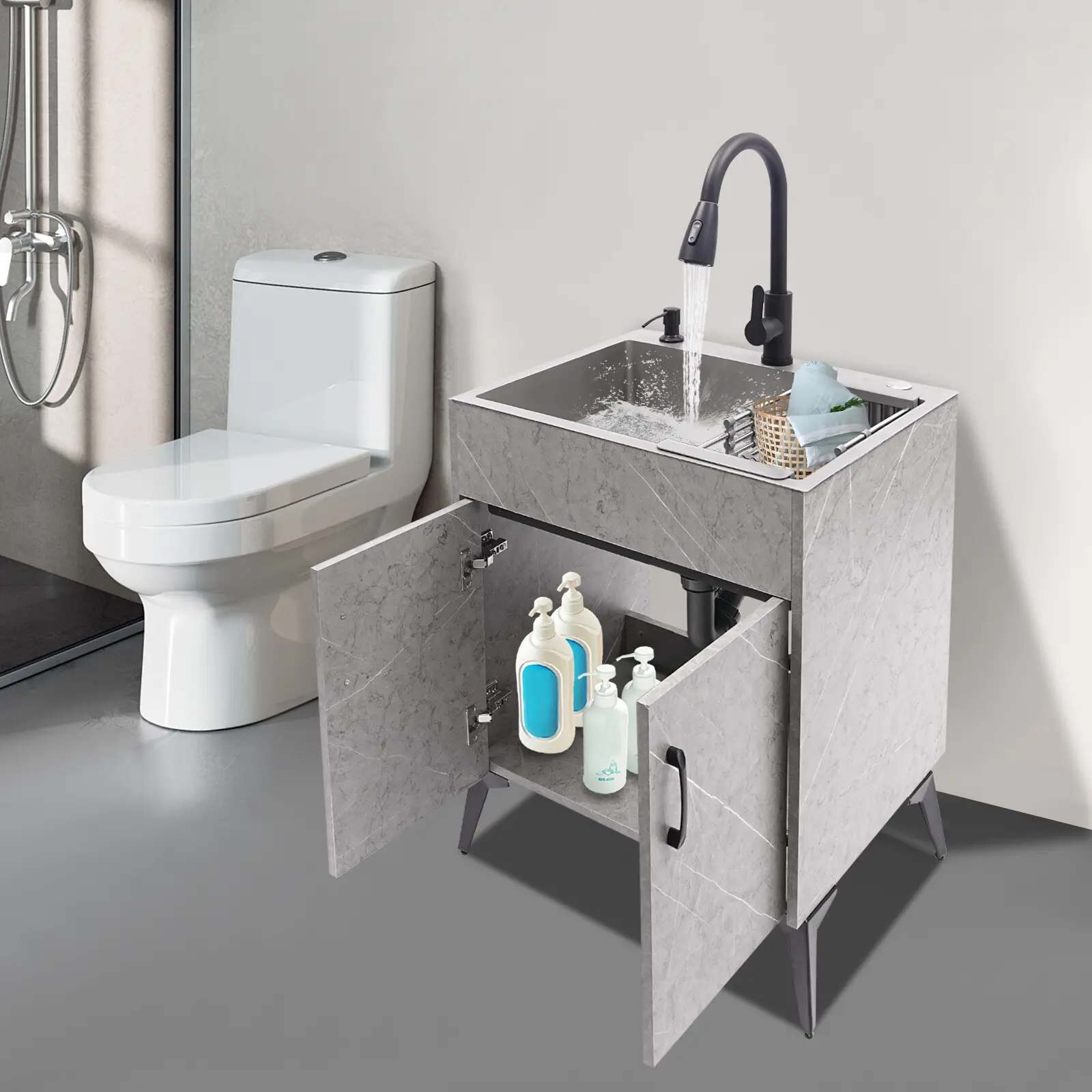 نمونه نصب روشویی کابینتی در سرویس بهداشتی کوچک با طراحی هماهنگ